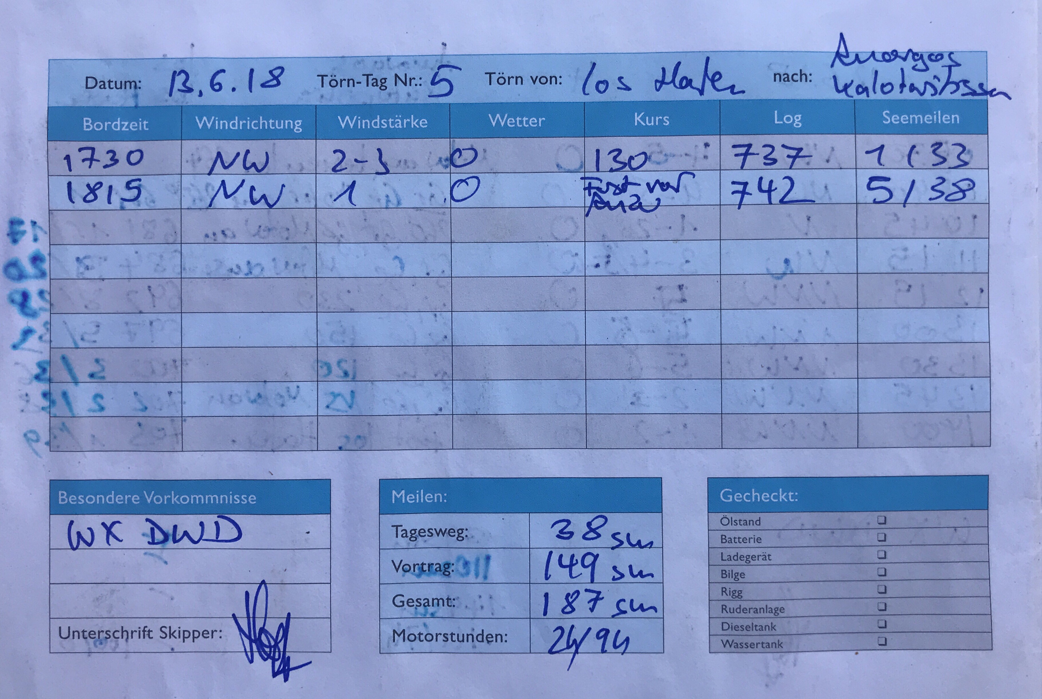 Datum: 
Bordzeit 
(815 
G ( S Törn-Tag Nr.: 
Windrichtung 
Törn von: 
Wetter 
Windstärke 
Meilen: 
Tagesweg 
Kurs 
nach: 
Log 
Gecheckt: 
Olstand 
Batterie 
Ladegerät 
Bilge 
Rigg 
Ruderanlage 
Dieseltank 
Wassertank 
Seemeilen 
Besondere Vorl<ommnisse 
Unterschrift Skipper: 
Ge"rnt:• 
Motorstuåden: 